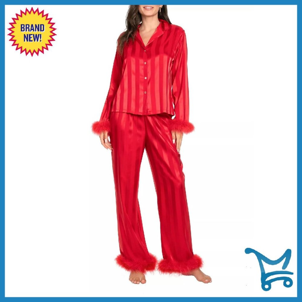 Women's Satin Feather Trim Pajama Set Long Sleeve Button Down Wide Leg
